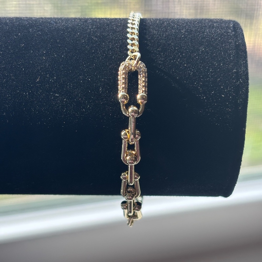 Gold Plated Mixed Chain Bracelet w/ Pavé Link ✨ Trendy Chunky Statement Jewelry - Picture 2 of 7